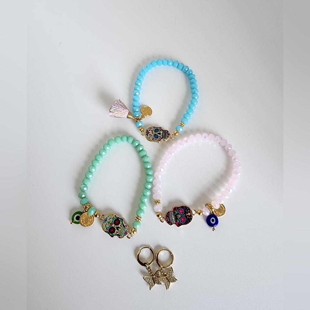 Boho Skull Bracelet Bundle Set + Gold Plated Butterfly Earrings Crystal